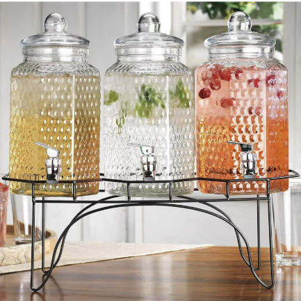 Beverage Dispenser Set of 3 With Black Metal Stand