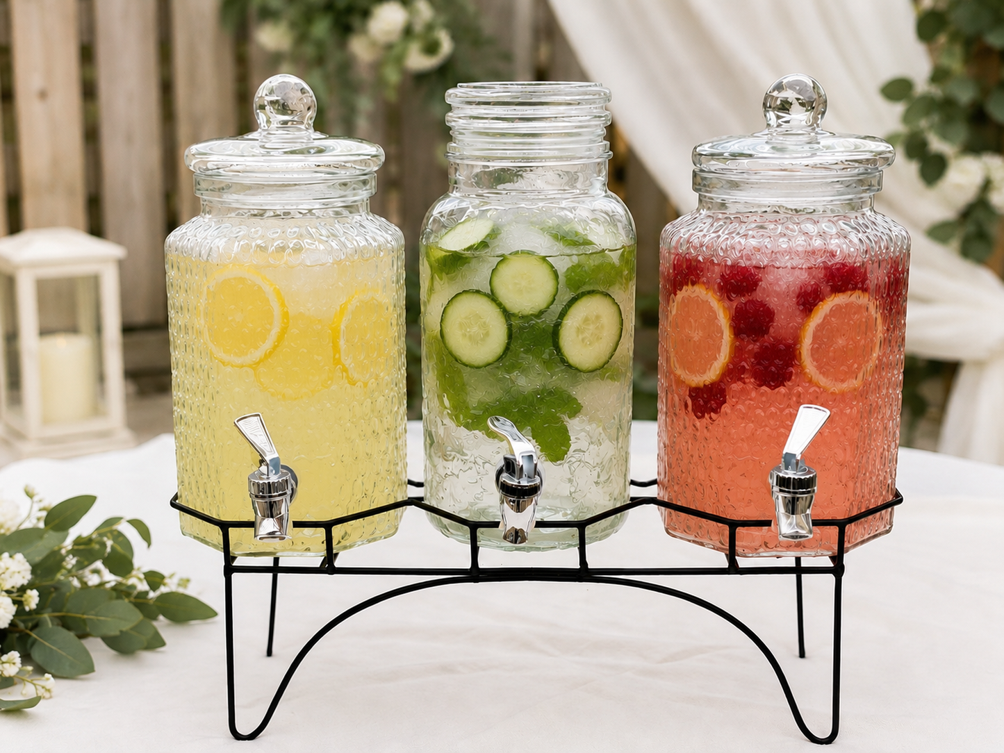 Beverage Dispenser Set of 3 with Black Metal Stand – Mixed Size