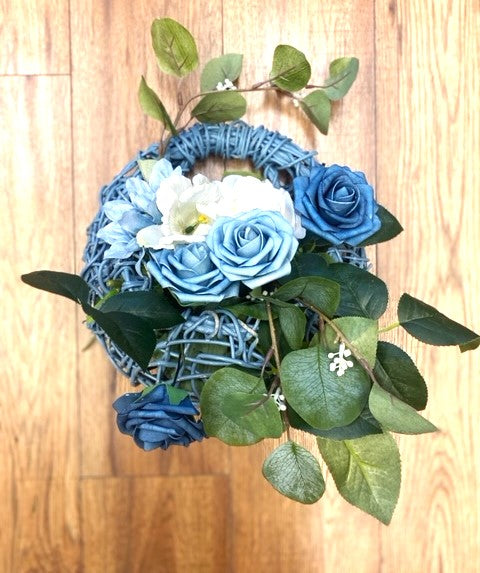 Dusty Blue and Green Accent flowers with blue basket Sml