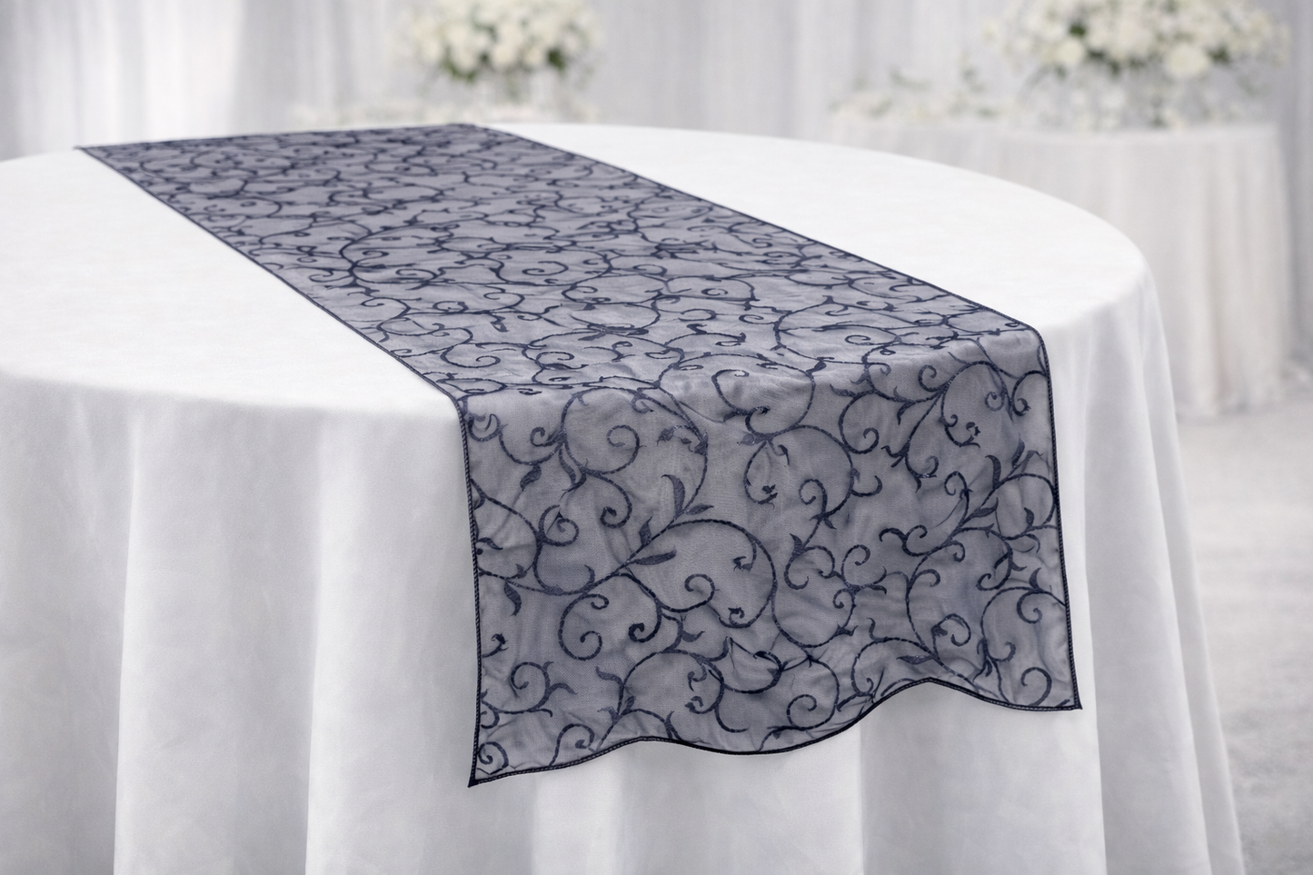 Navy Blue Embroidered Organza Runner
