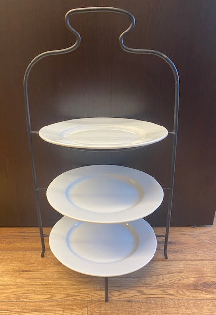 3 tier black metal cake stand with 3 10" plates