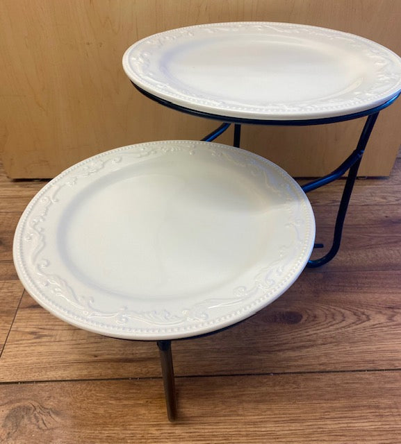 2 tier black metal cake stand with decorative plates