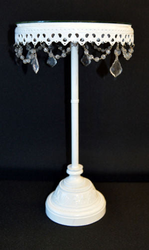 18" Tall Cake Stand With White Round Hanging Crystals