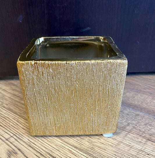 Gold square ceramic brushed vase 3 " x 3.5"